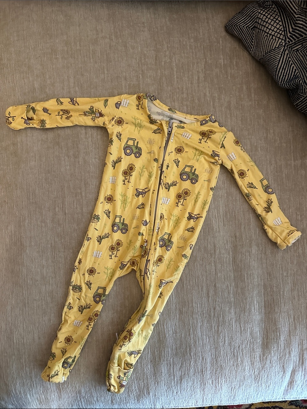 Yellow Tractor & Sunflower Footed One-Piece for Kids